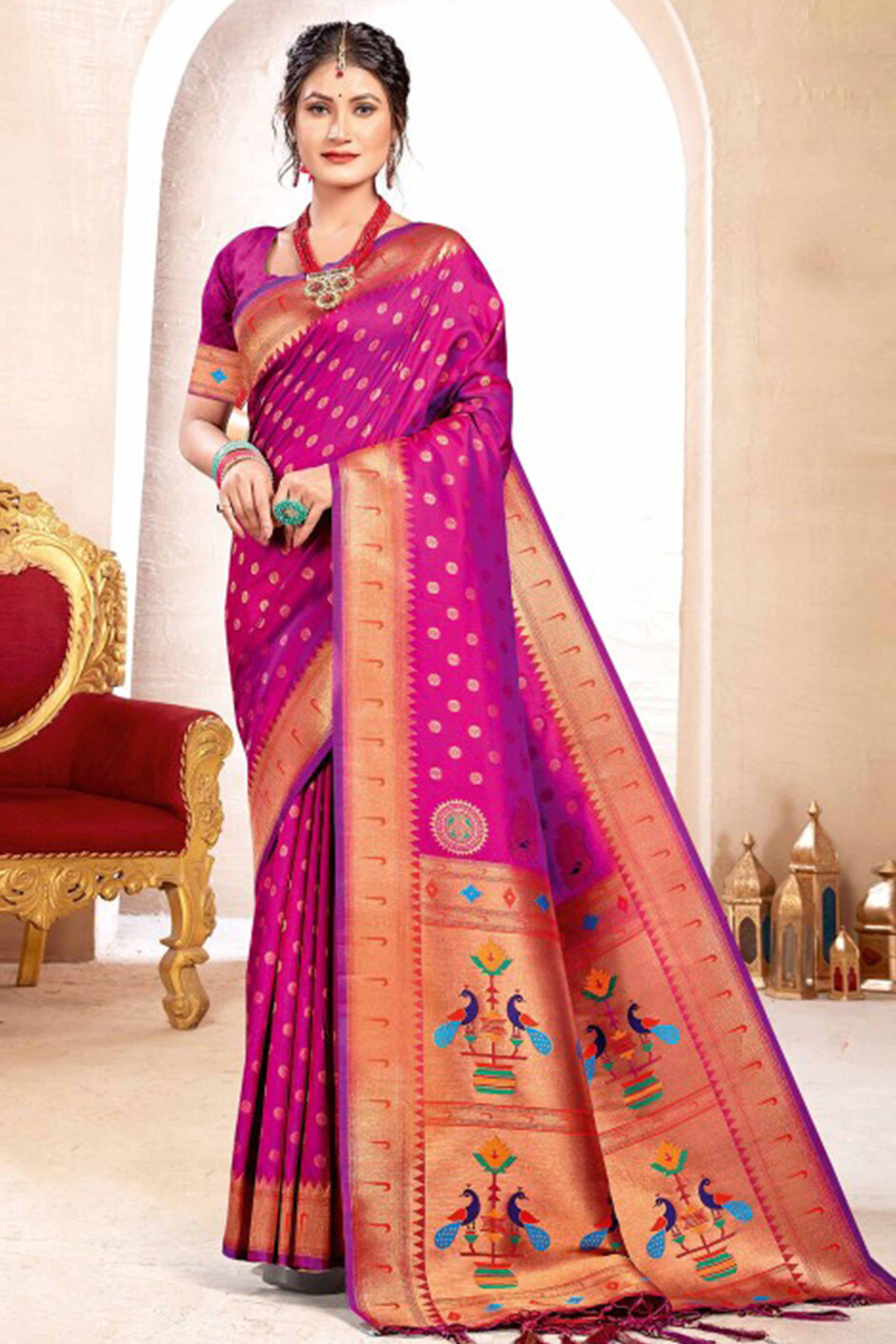 Purple Floral Zari Weaving Paithani Saree In Lustrous Banarasi Silk With Tassel Pallu