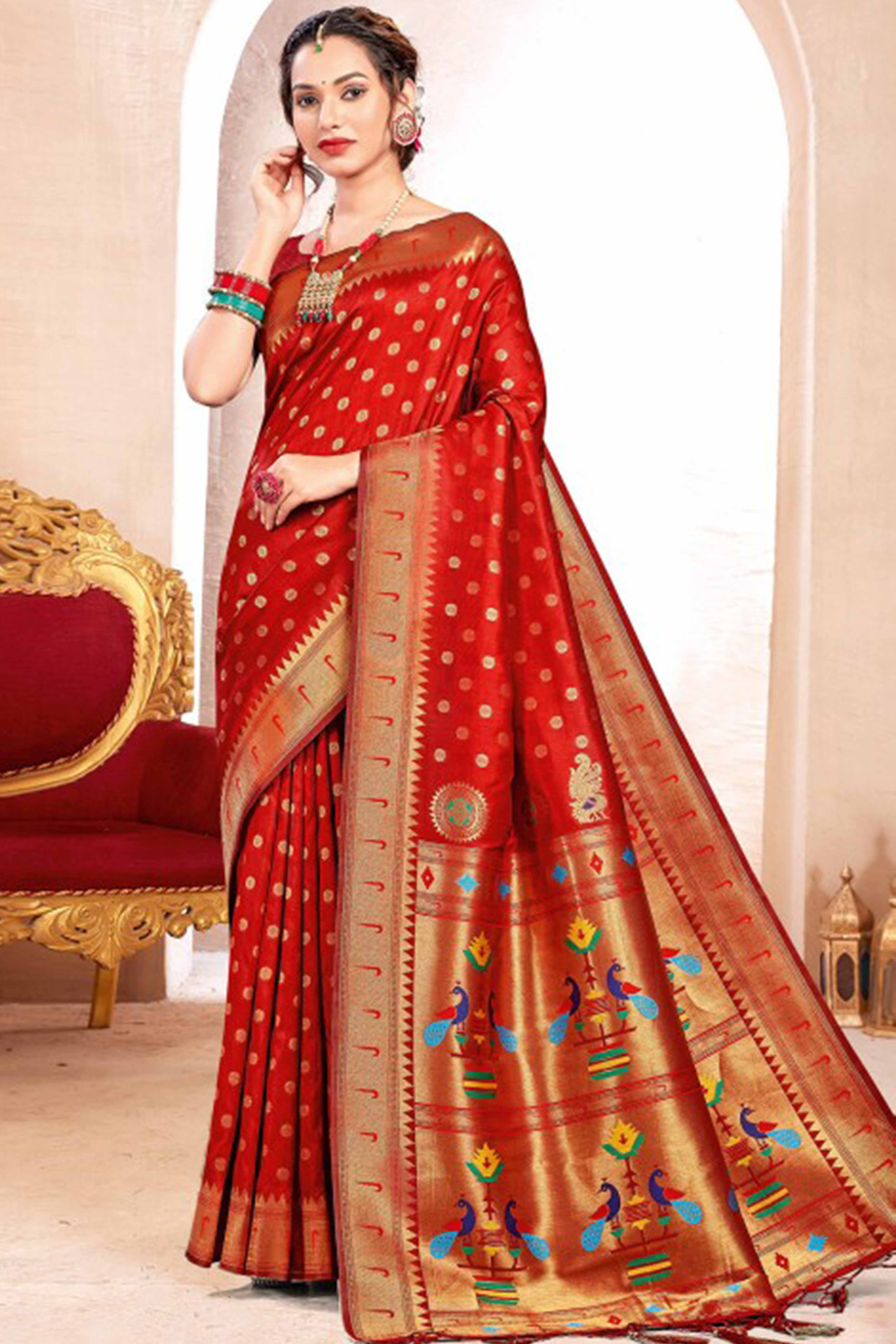 Red Floral Zari Weaving Paithani Saree In Lustrous Banarasi Silk With Tassel Pallu