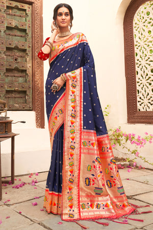 Charming Navy Blue Floral Zari Woven Silk Blend Saree With Stylish Tassel Pallu