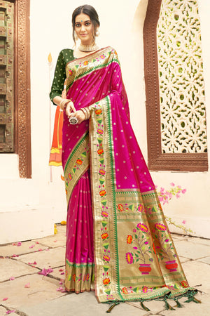 Charming Magenta Floral Zari Woven Silk Blend Saree With Stylish Tassel Pallu