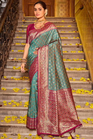 Teal Green Banarasi Silk Saree Featuring Intricate Floral Weaving & Elegant Tassel Pallu