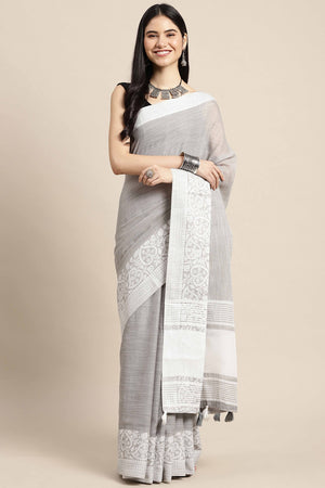 Grey Festive Linen Weaving Saree with Silver Zari Border & Pallu