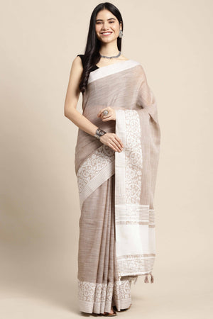 Beige Festive Linen Weaving Saree with Silver Zari Border & Pallu