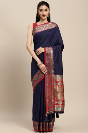 Graceful Navy Blue Solid Saree Highlighted With Floral Zari Weaving On Silk Blend & Tassel Pallu