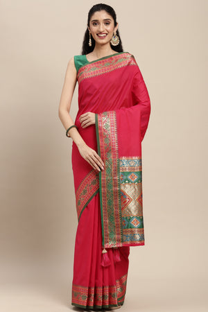Graceful Pink Solid Saree Highlighted With Floral Zari Weaving On Silk Blend & Tassel Pallu