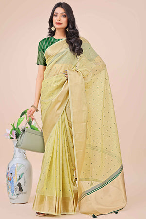 Light Green Organza Saree Adorned With Fine Zari Weaving & Stylish Tassel Edging