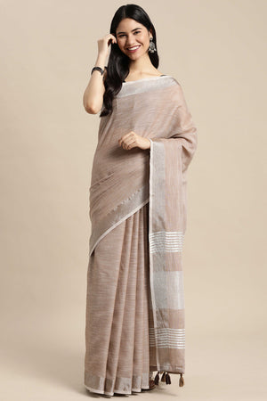 Brown Linen Saree Adorned With Silver Zari Weaving Border & Pallu