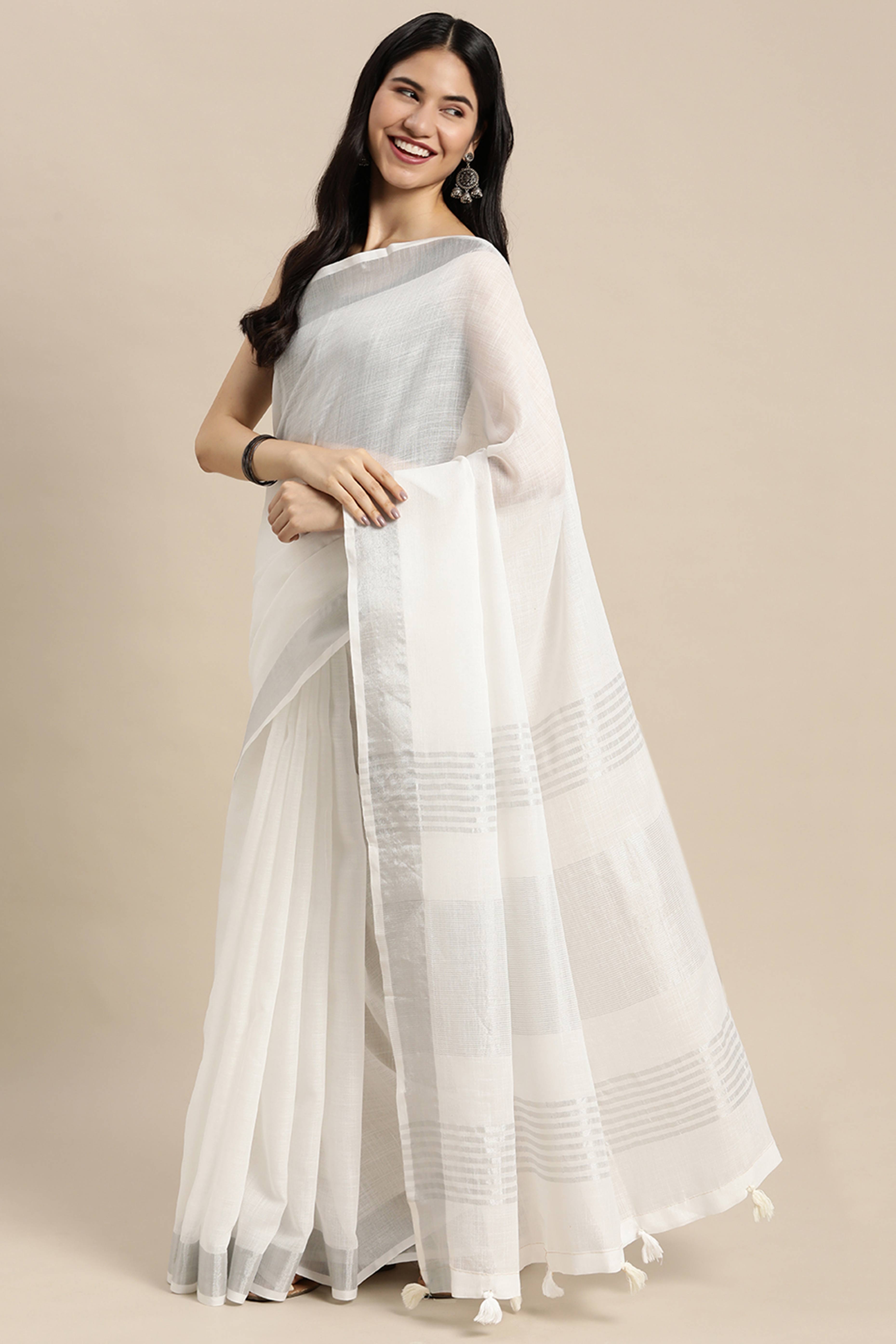 White Linen Saree Adorned With Silver Zari Weaving Border & Pallu