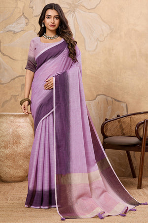Stylish Purple Linen Saree With Zari Weaving Work & Tassel Pallu Charm