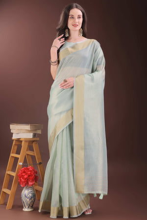 Sea Green Zari Woven Organza Saree With Graceful Tassel Border