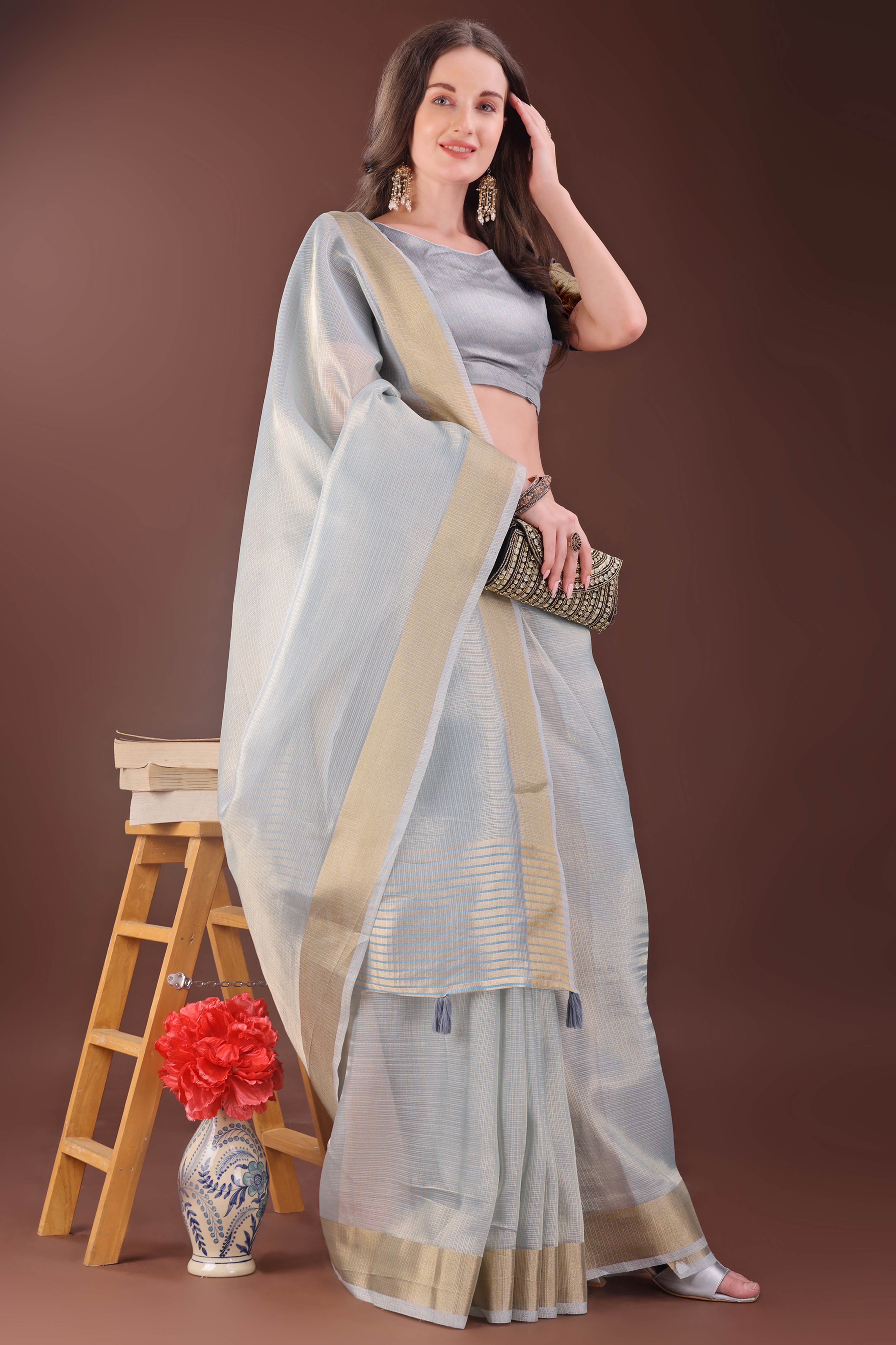 Grey Zari Woven Organza Saree With Graceful Tassel Border