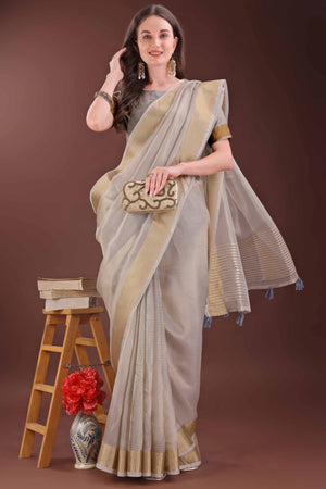 Light Brown Zari Woven Organza Saree With Graceful Tassel Border