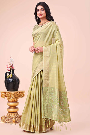 Green Organza Saree With Floral Zari Weave & Tassel Accents