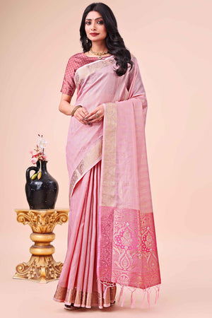 Pink Organza Saree With Floral Zari Weave & Tassel Accents