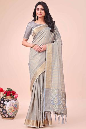 Grey Organza Saree With Floral Zari Weave & Tassel Accents