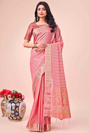 Peach Organza Saree With Floral Zari Weave & Tassel Accents