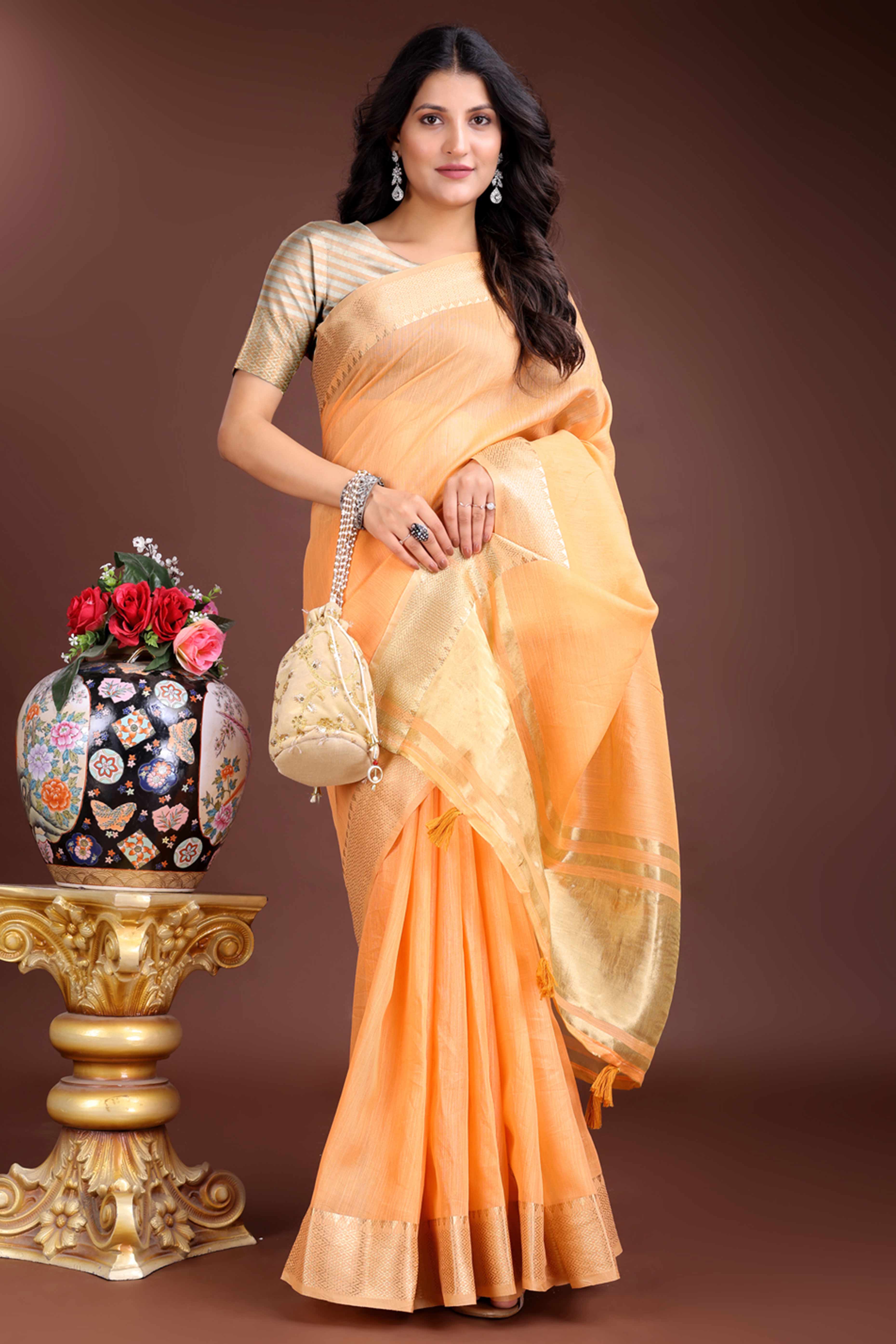Orange Cotton Silk Saree with Solid Zari Woven Border and Tassels
