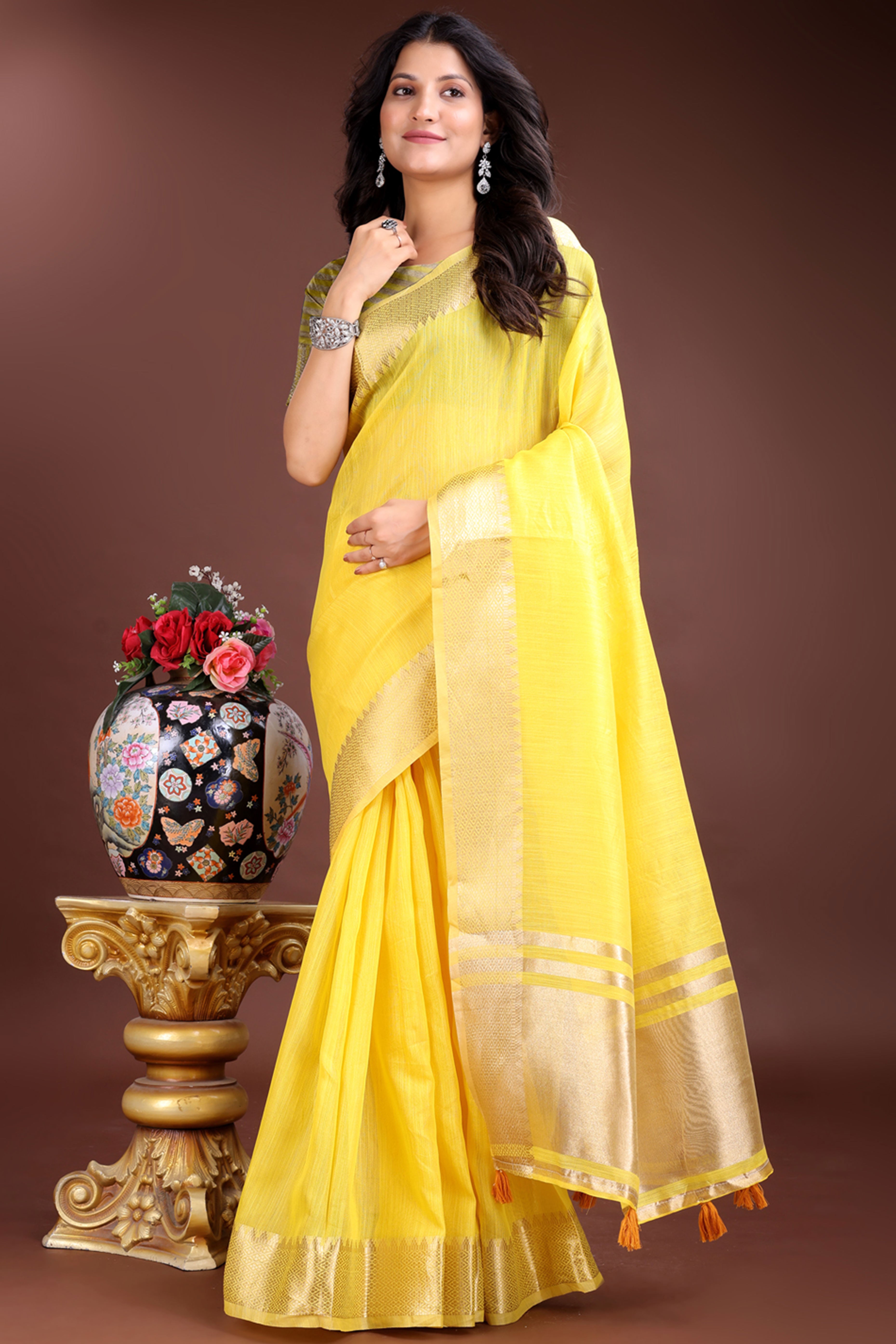 Yellow Cotton Silk Saree with Solid Zari Woven Edge and Tassels