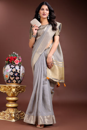 Grey Cotton Silk Saree with Solid Zari Woven Outline and Tassels