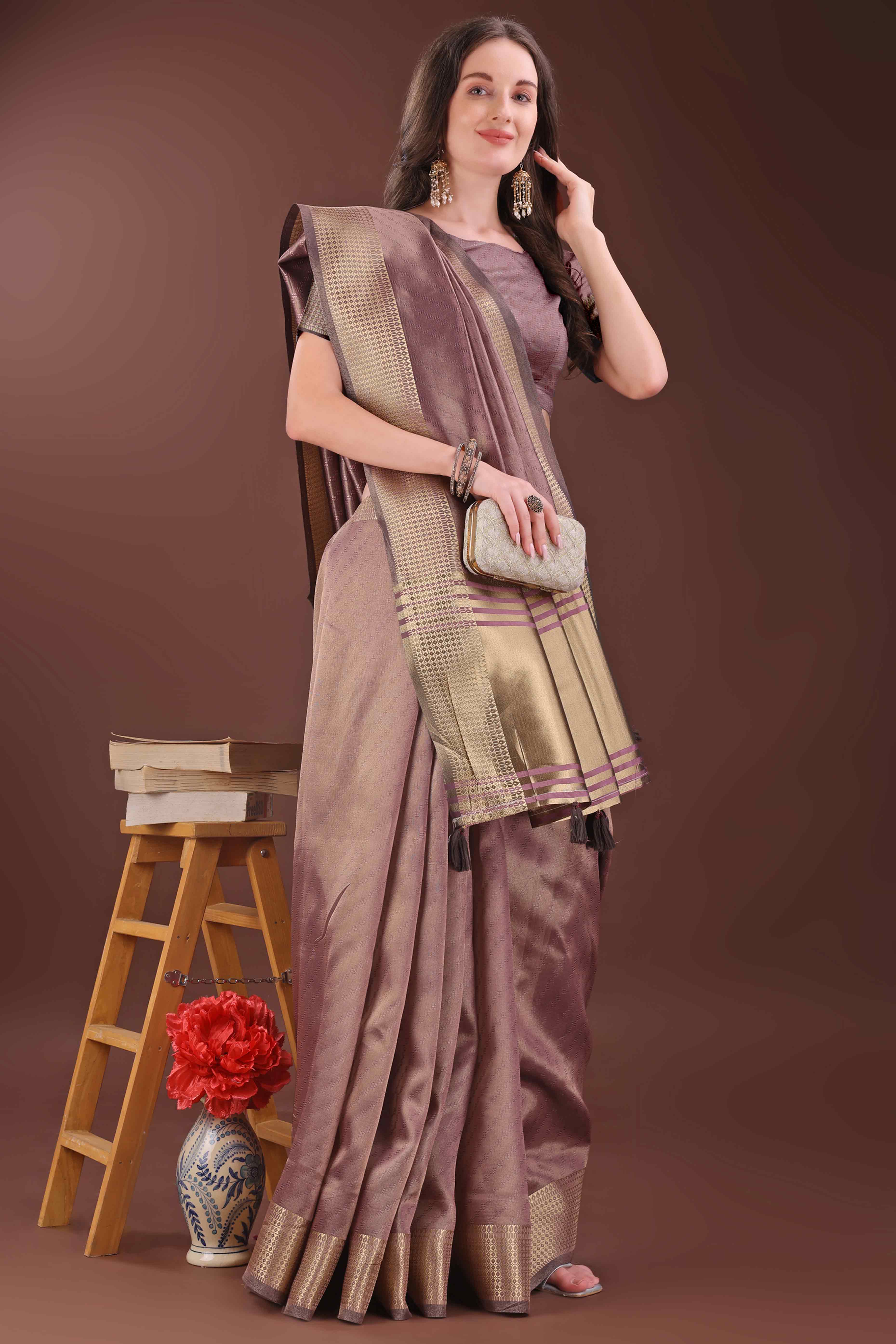 Mauve Zari Weaving Organza Saree With Tassel Border