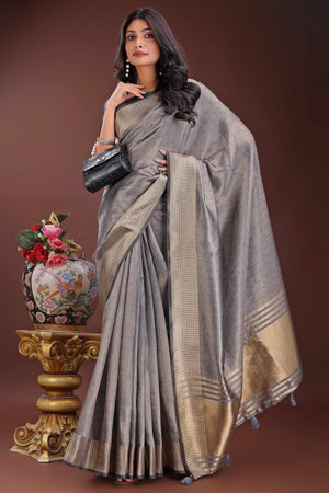 Grey Organza Saree With Intricate Zari Woven Checks & Tassel Border