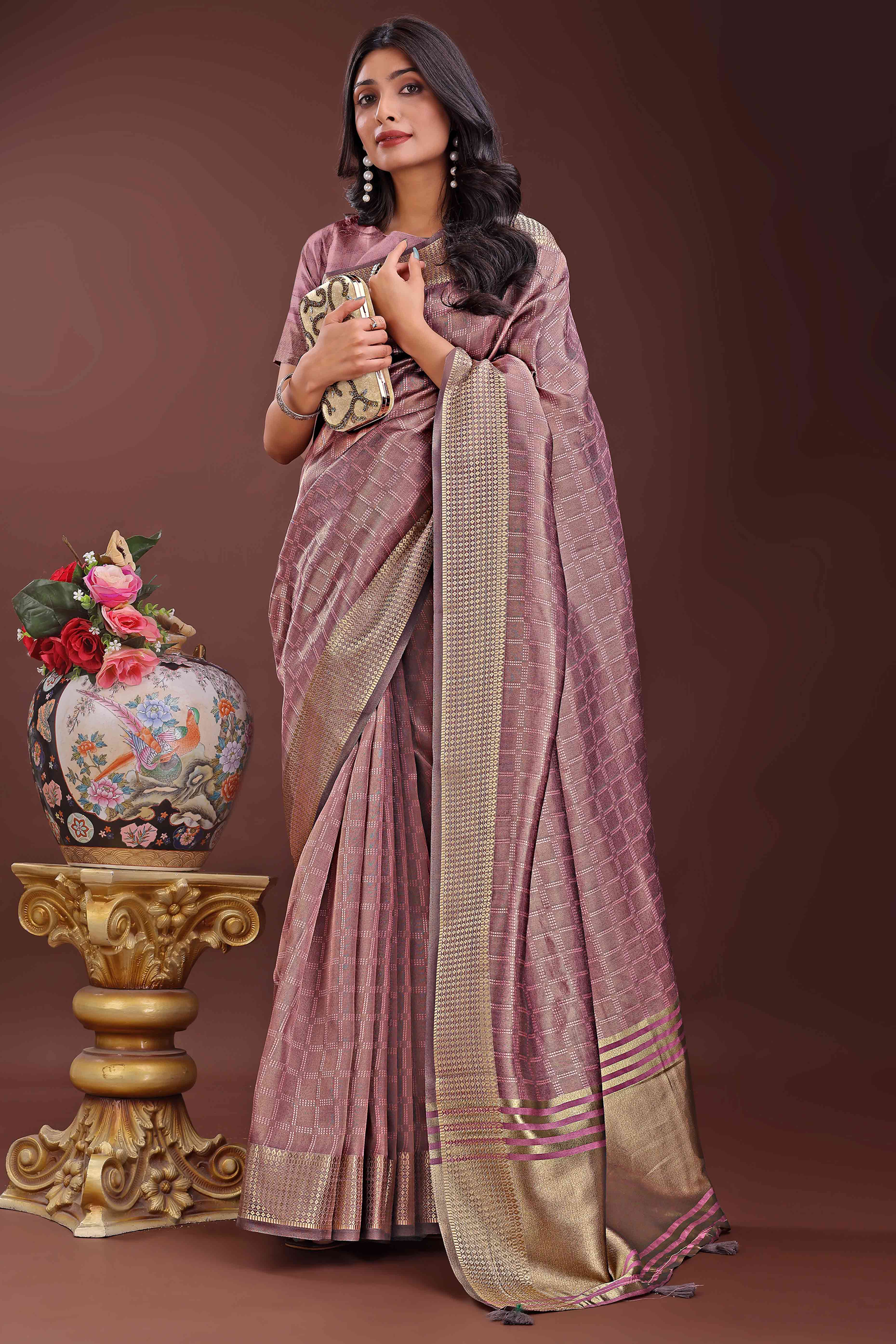 Mauve Organza Saree With Intricate Zari Woven Checks & Tassel Border
