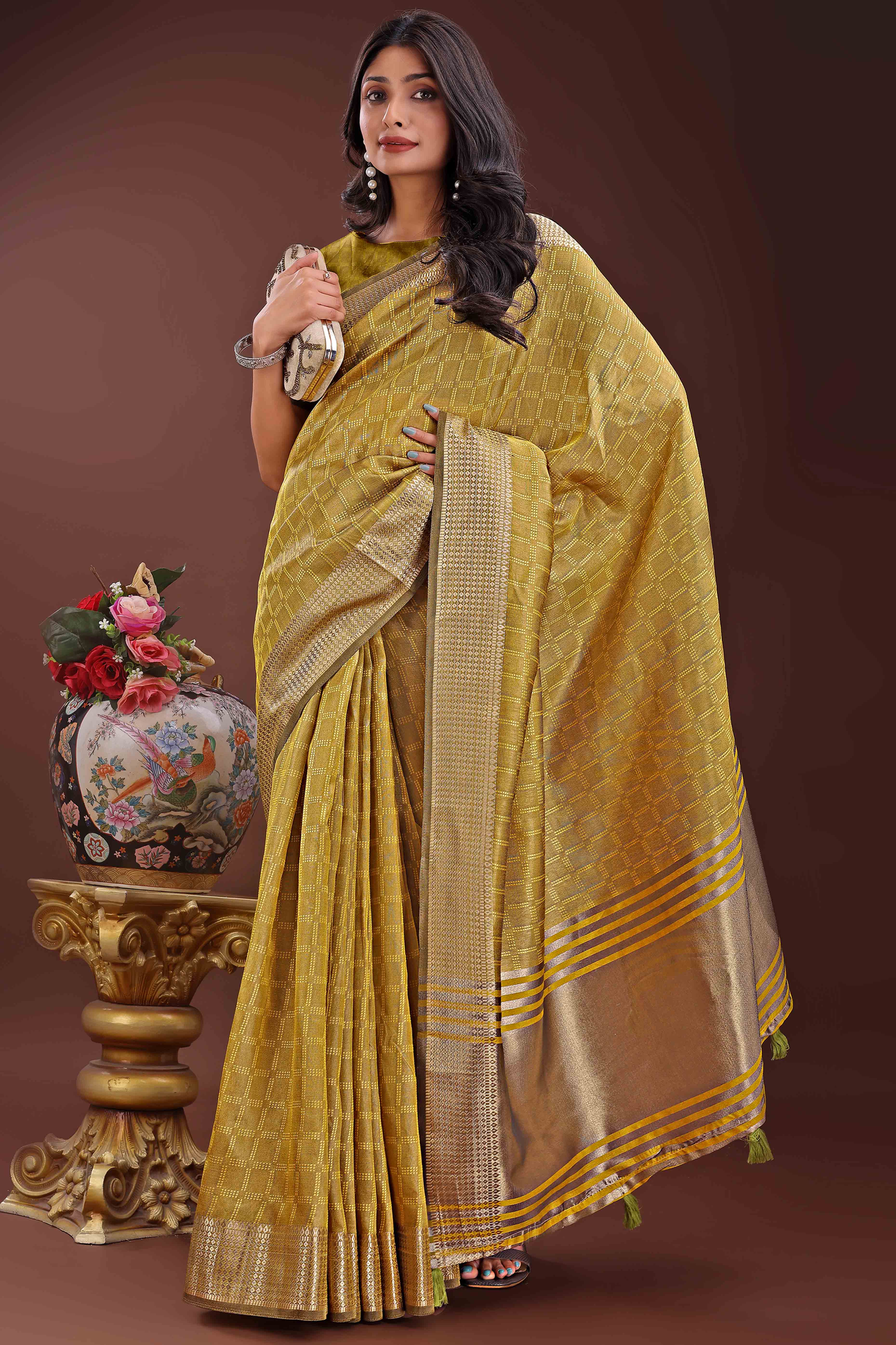 Mustard Organza Saree With Intricate Zari Woven Checks & Tassel Border