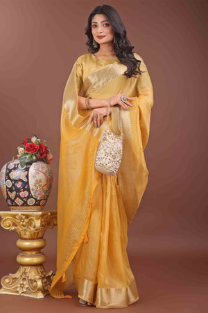 Yellow Solid With Zari Woven Organza Saree With Tassel Border