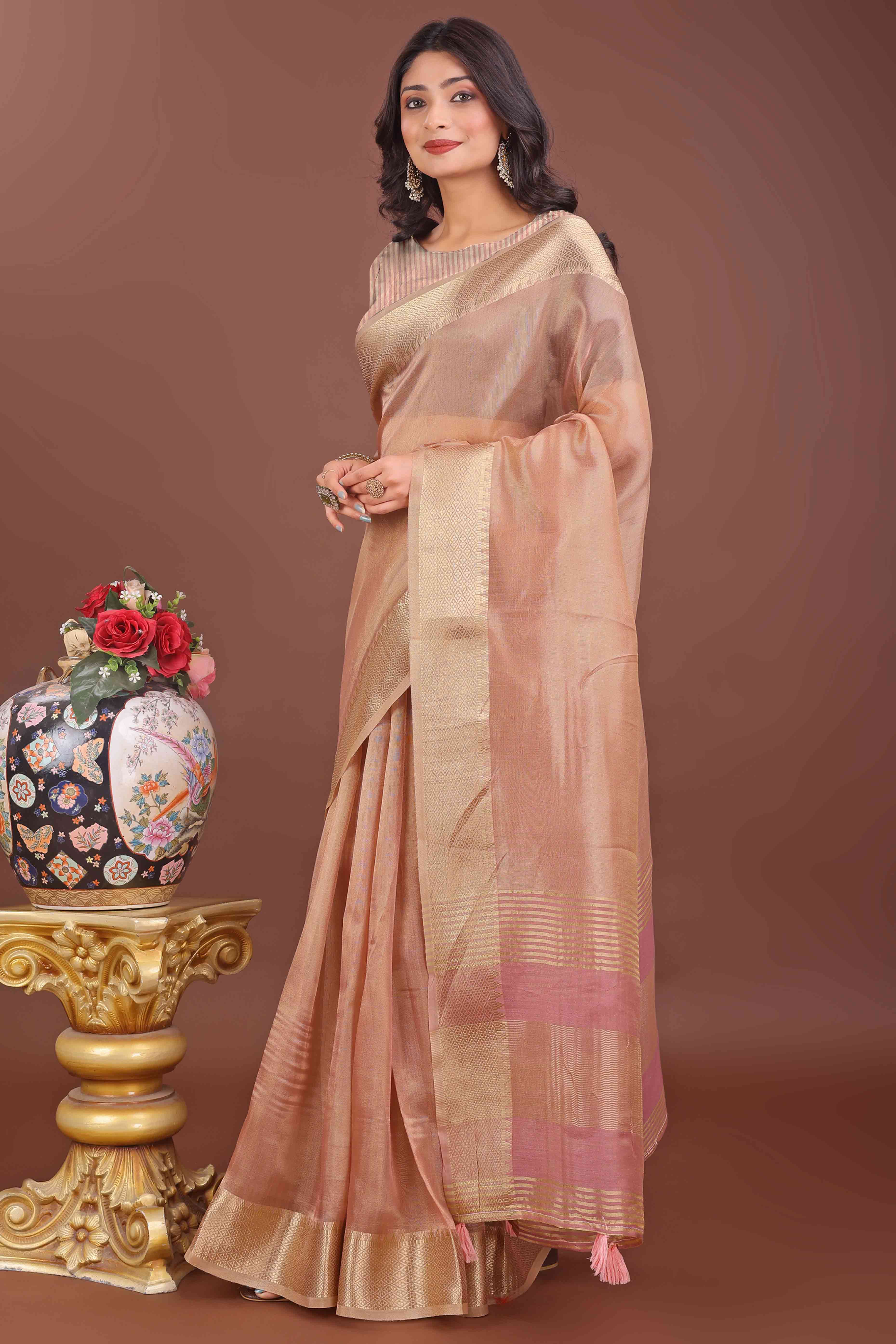 Peach Solid With Zari Woven Organza Saree With Tassel Border