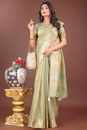 Light Green Solid With Zari Woven Organza Saree With Tassel Border
