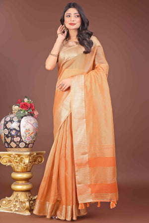 Orange Solid With Zari Woven Organza Saree With Tassel Border