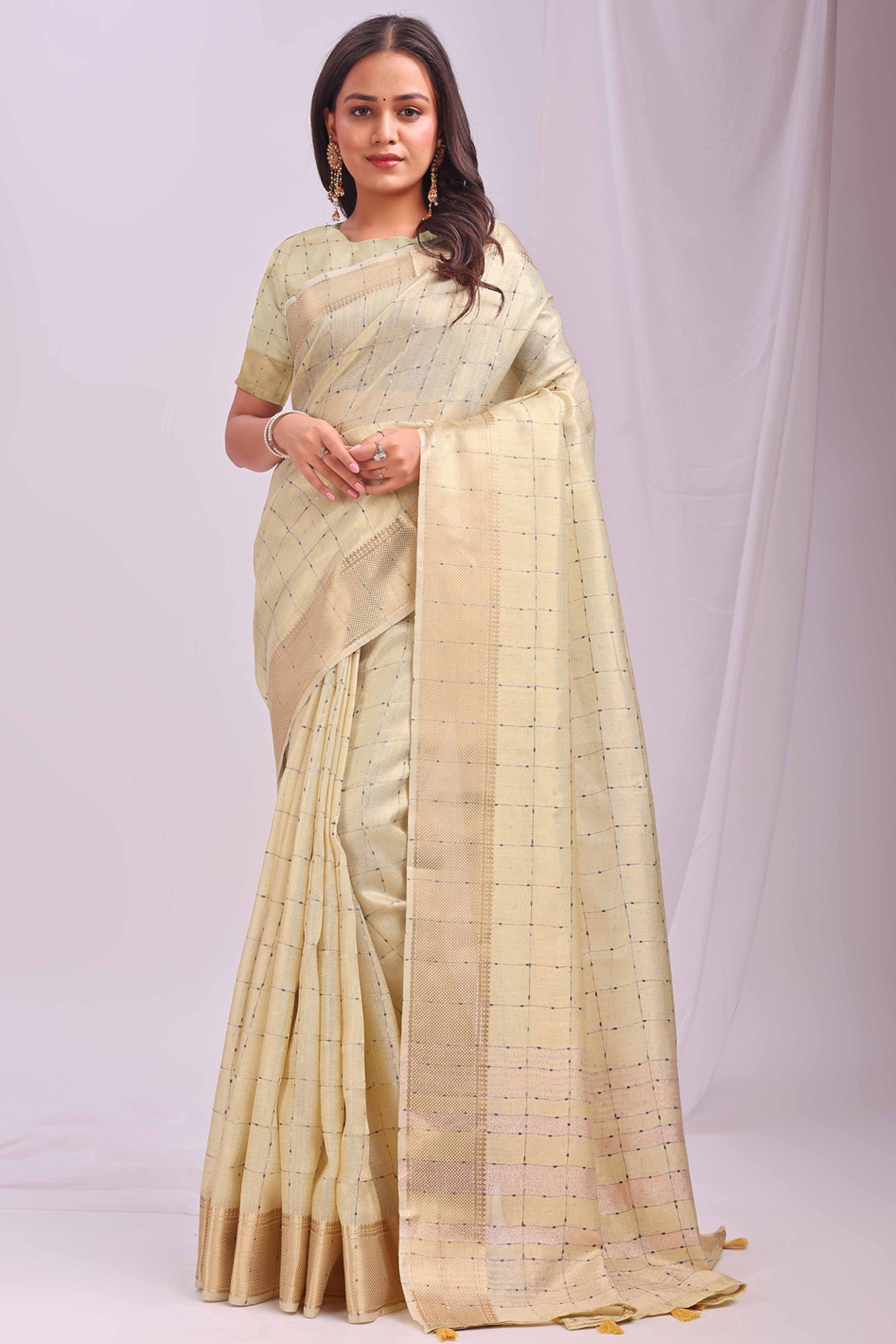 Gold Lightweight Organza Saree with Rich Zari Checks Pattern