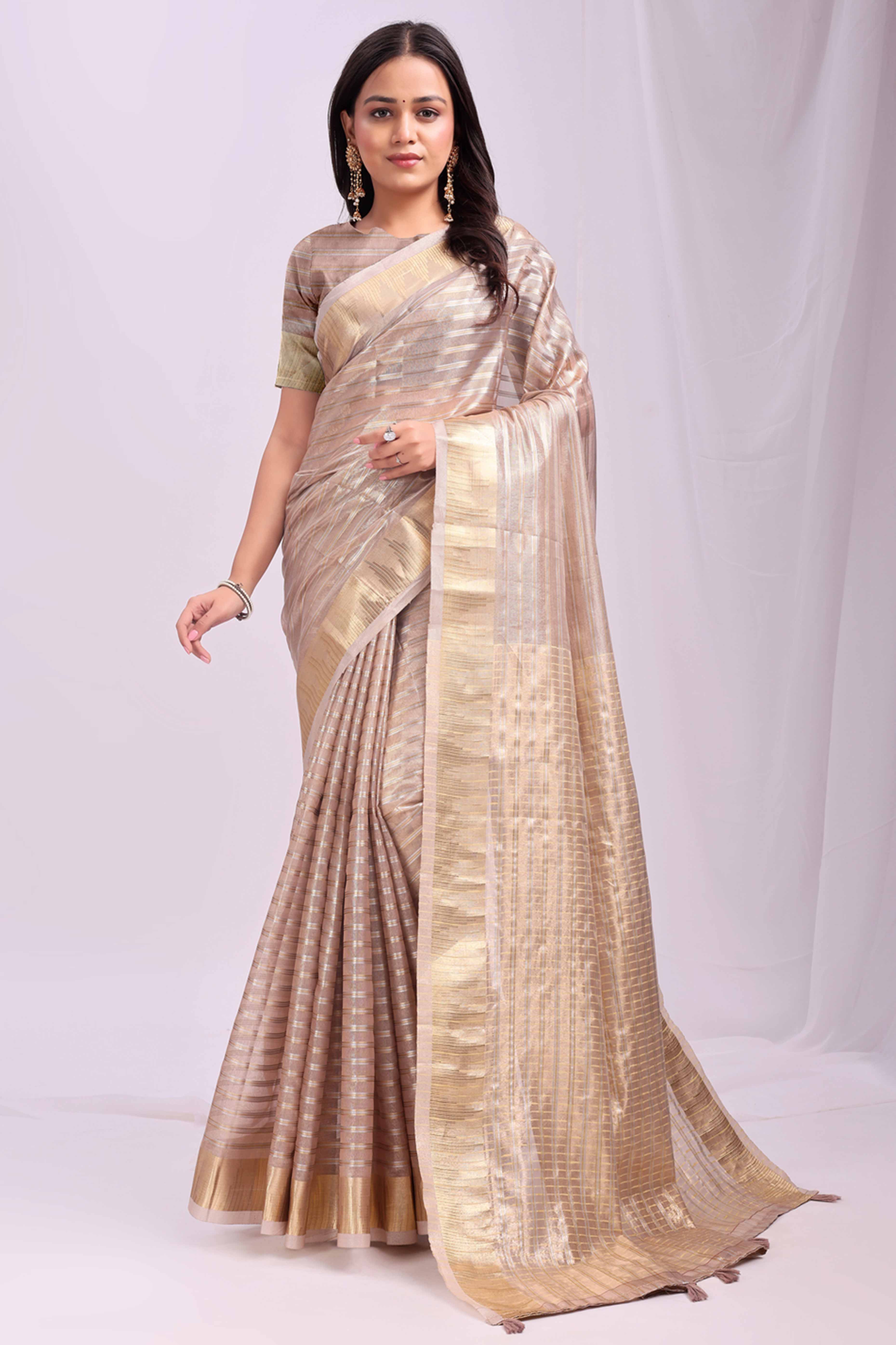 Beige Lightweight Organza Saree with Rich Zari Stripes Pattern