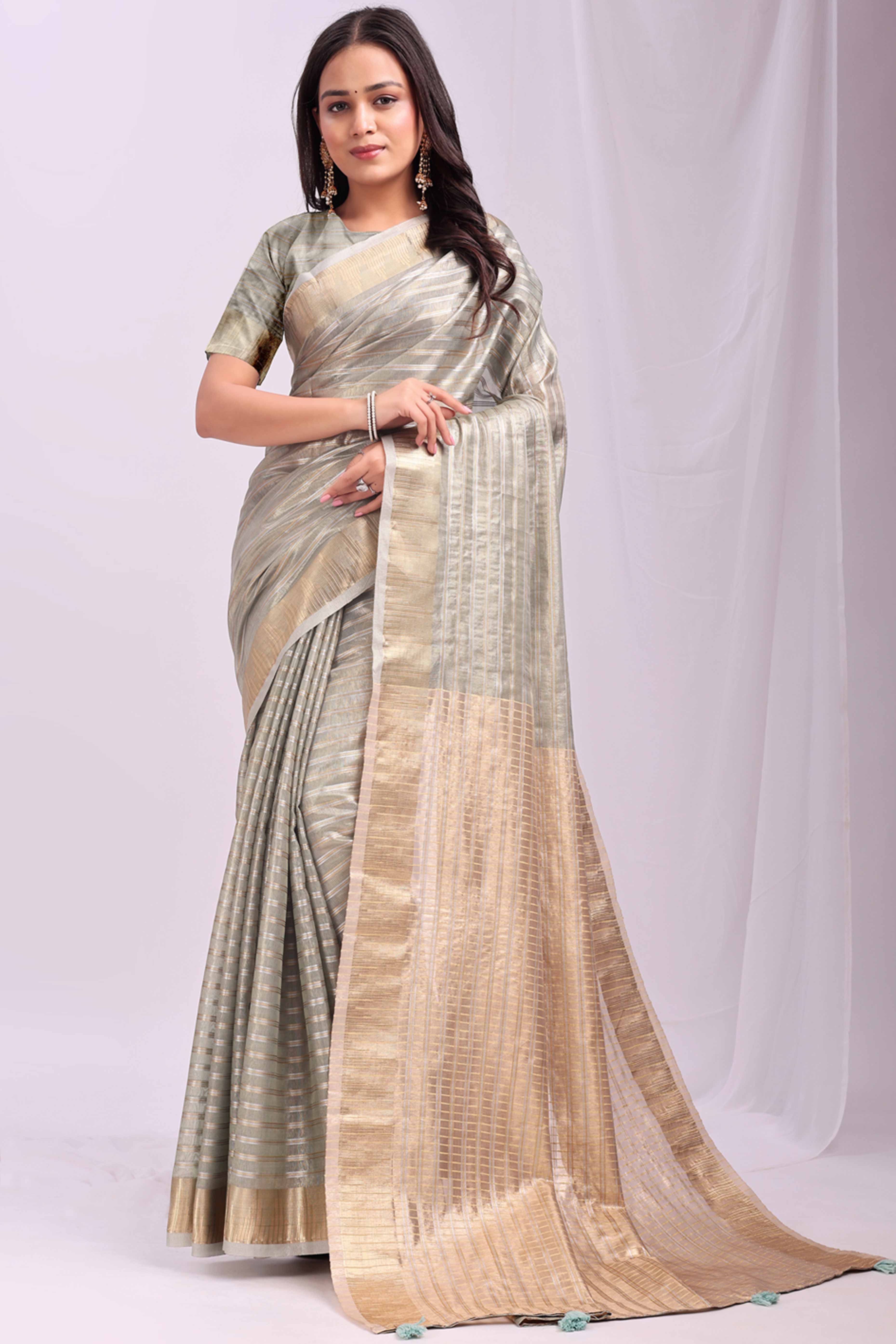 Sea Green Lightweight Organza Saree with Rich Zari Stripes Pattern