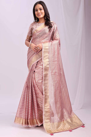Pink Lightweight Organza Saree with Rich Zari Stripes Pattern