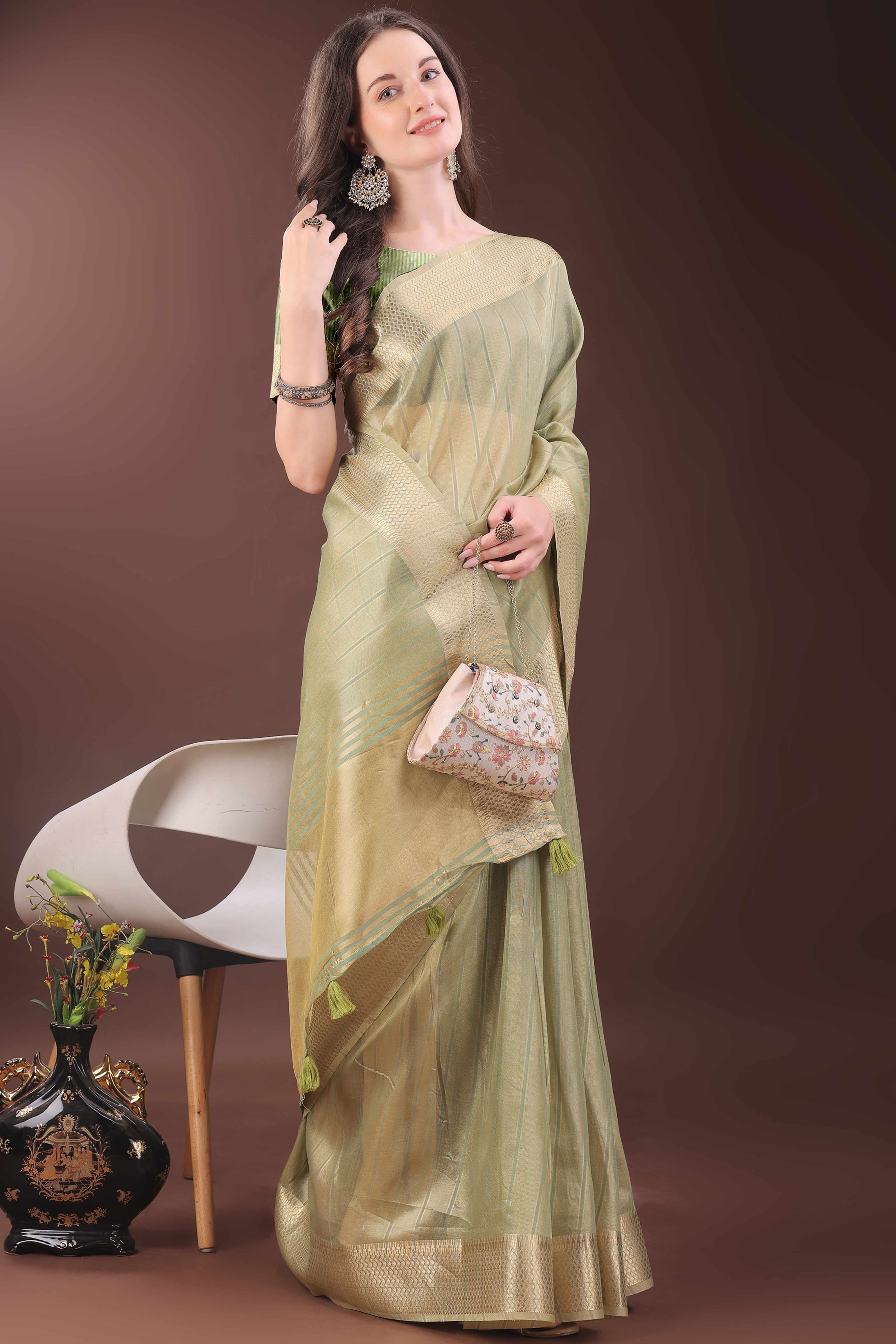 Green Organza Saree With Zari Woven Stripes & Elegant Tassel Border
