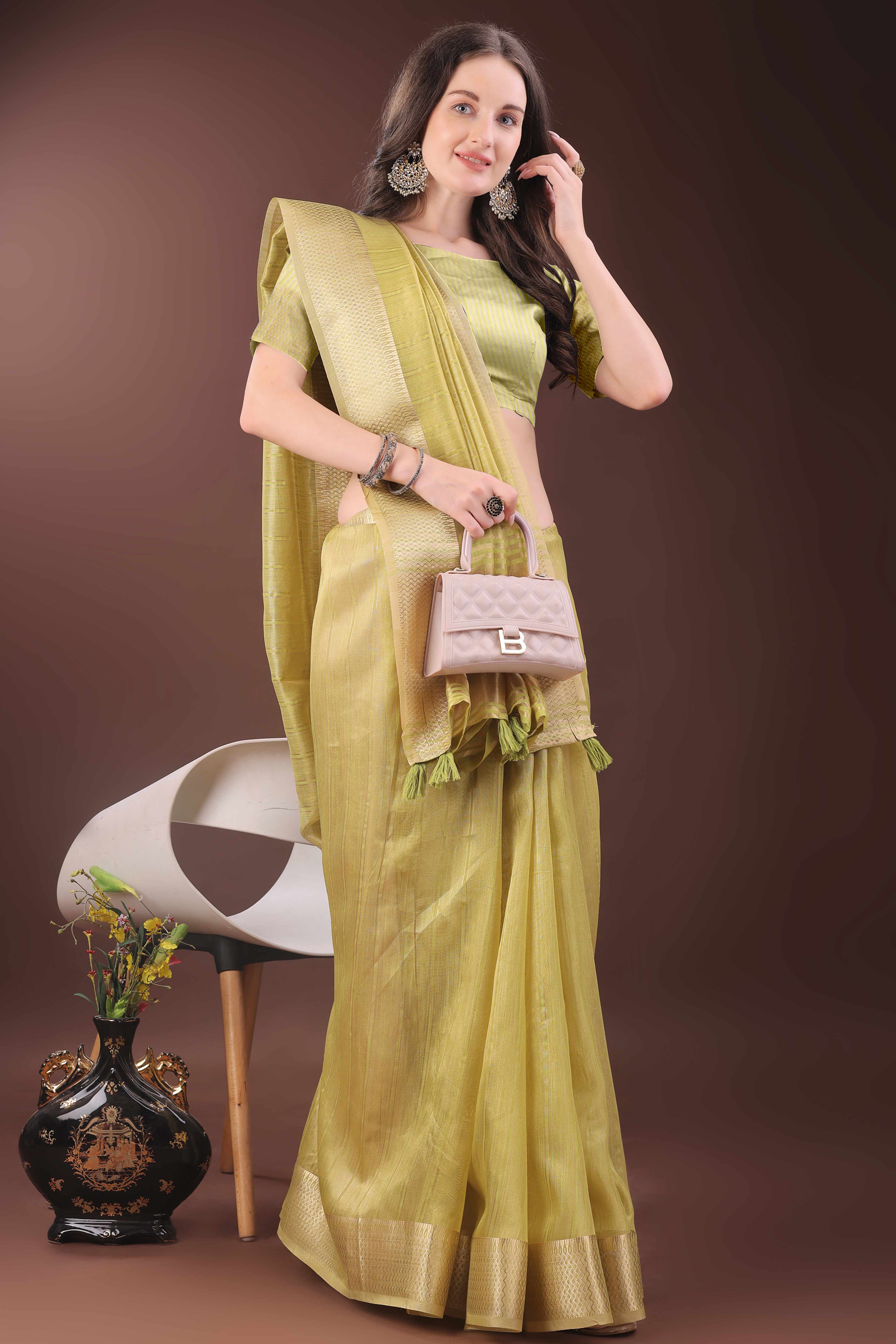 Lemon Yellow Organza Saree With Zari Woven Stripes & Elegant Tassel Border