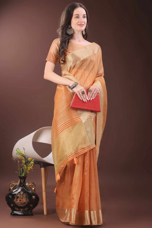 Orange Organza Saree With Zari Woven Stripes & Elegant Tassel Border