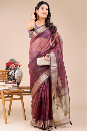 Wine Hue Organza Saree with Shimmering Zari Border Weave