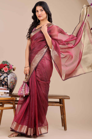 Magenta Hue Organza Saree with Shimmering Zari Border Weave