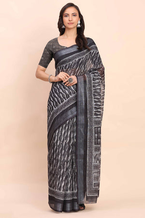 Black Linen Saree with Intricate Silver Weaving