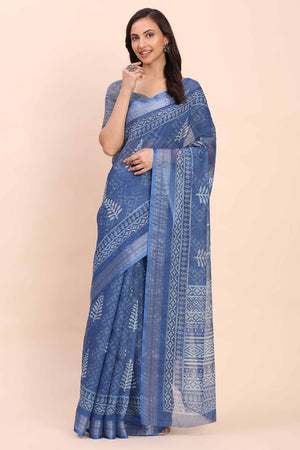 Indigo Blue Linen Saree with Intricate Silver Weaving