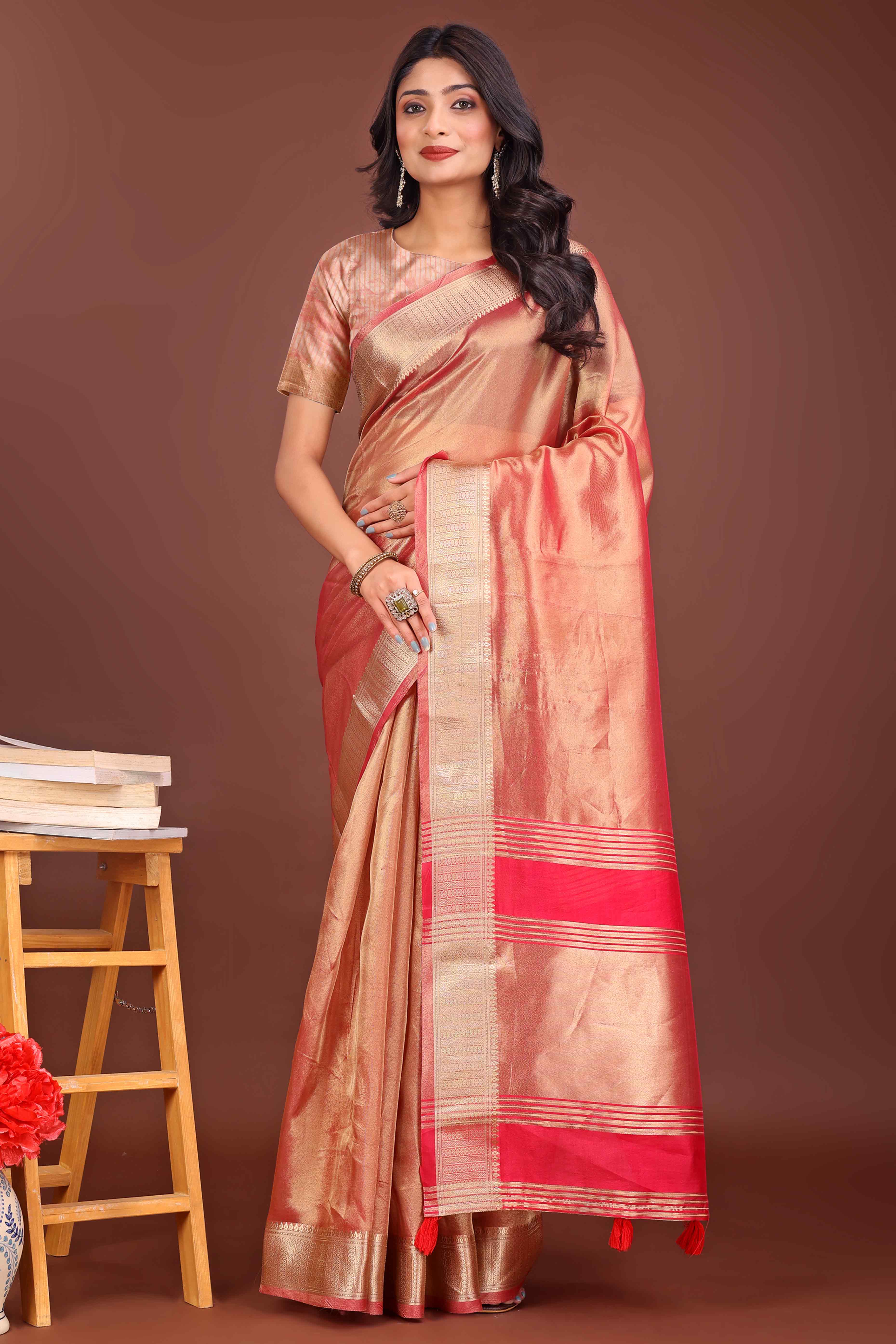 Gajari Pink Organza Solid Saree With Lustrous Zari Weave &  Delicate Tassels