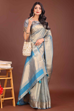 Greyish Blue Organza Solid Saree With Lustrous Zari Weave &  Delicate Tassels