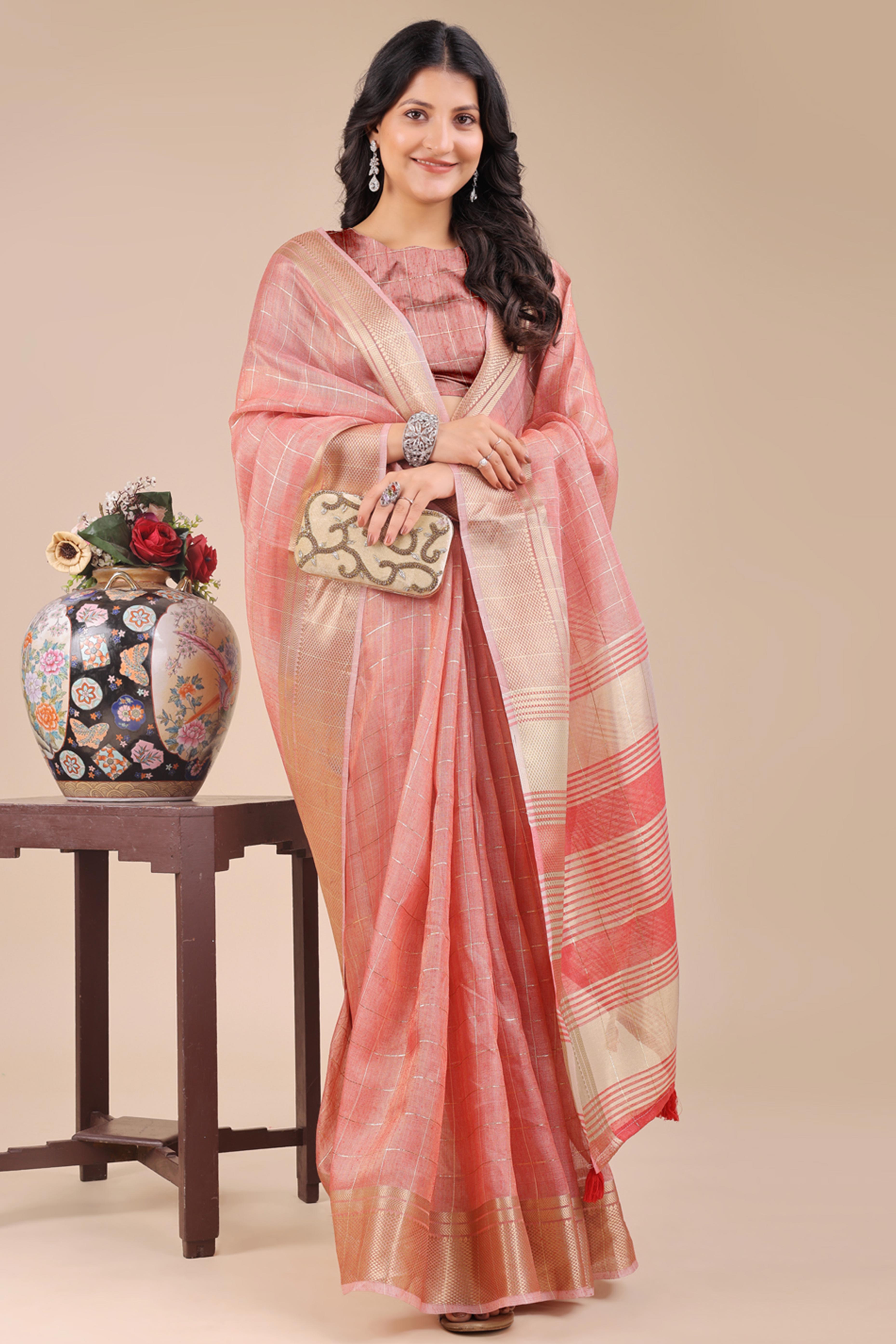 Peach Organza Saree with Checkered Zari Weaving and Tassels