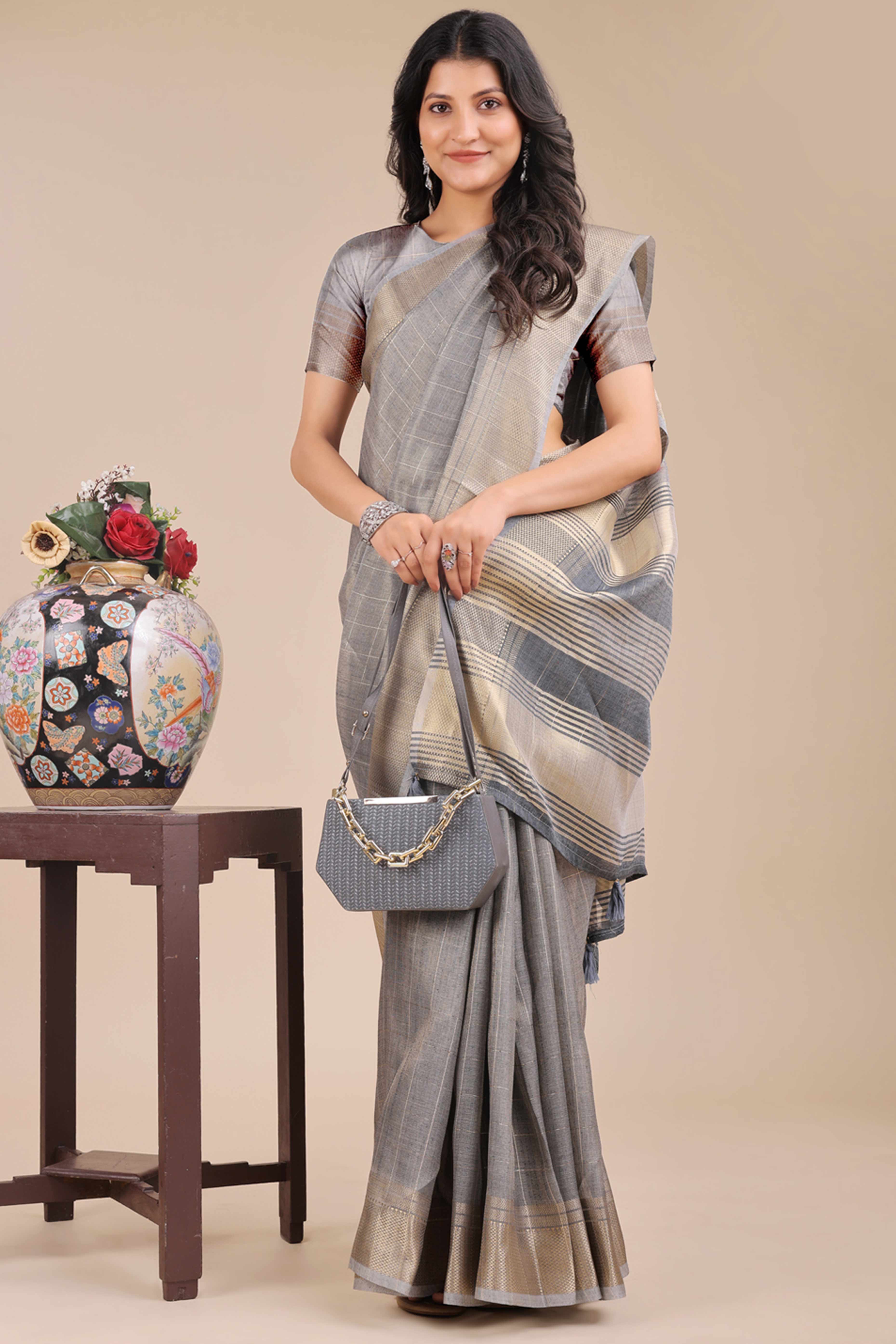Grey Organza Saree with Checkered Zari Weaving Design and Tassels