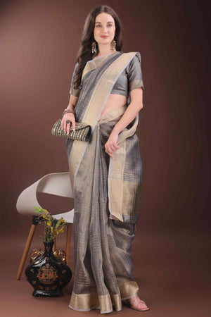 Grey Organza Saree With Zari Weaving Check Patterns & Elegant Tassel Accents