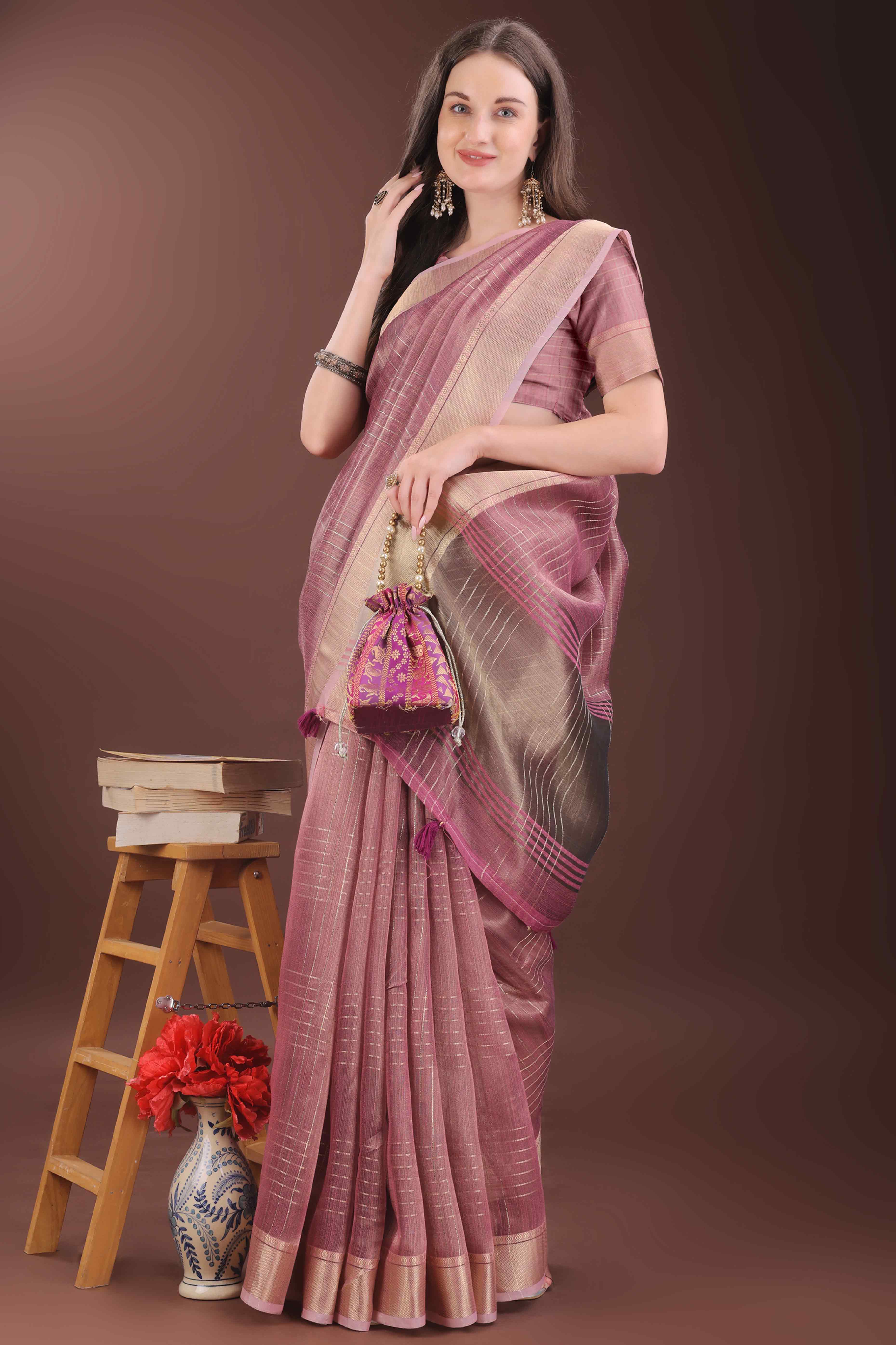 Onion Pink Organza Saree With Zari Weaving Check Patterns & Elegant Tassel Accents