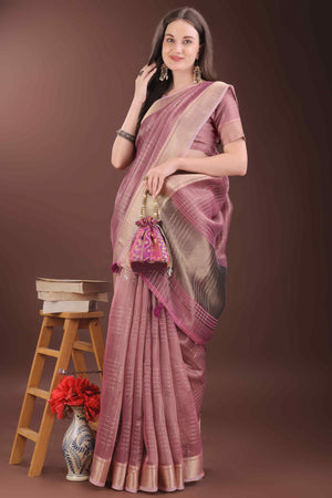 Onion Pink Organza Saree With Zari Weaving Check Patterns & Elegant Tassel Accents