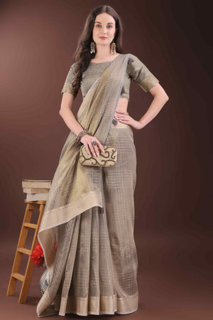 Grey Organza Saree With Zari Weaving Check Patterns & Elegant Tassel Accents